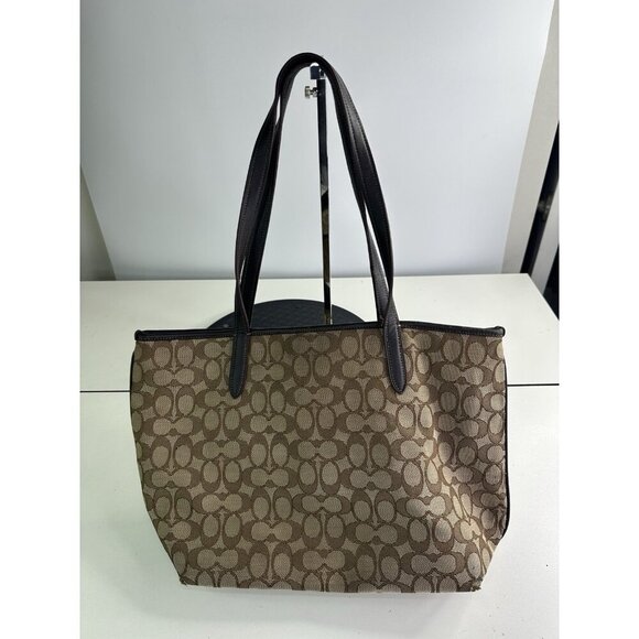 COACH TAYLOR PURSE Khaki & brown Signature C Jacquard Shoulder Tote Bag 37229 - Picture 4 of 11